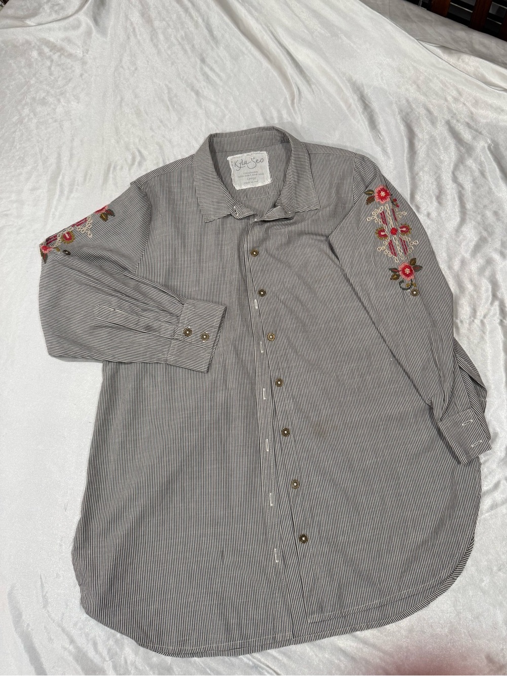 Kyla Seo Embroidered Floral Pinstripe Cotton Tunic Shirt L Boho
